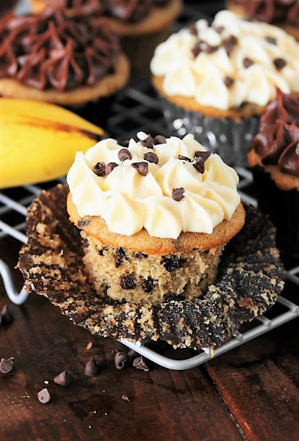 Banana Chocolate Chip Cupcakes with chocolate or cream cheese frosting image ~ a tasty new way to enjoy those over-ripe bananas!