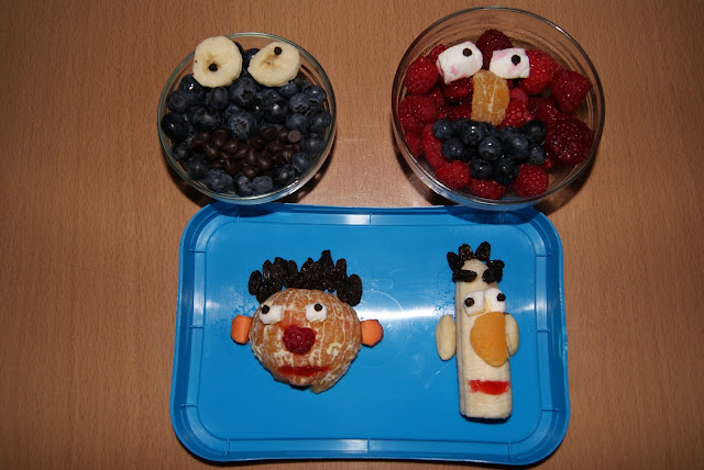 Cookie Monster, Elmo, Bert and Ernie made from fruit