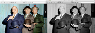 An example of the black and white image of the three stooges and the falsely coloured version produced by chris gardiner photography www.cgardiner.ca 