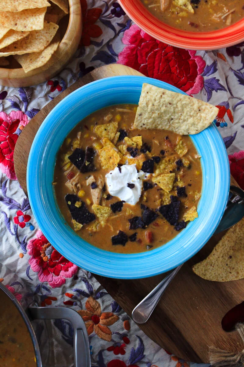 Chicken Nacho Soup is light, yet filling and full of tons of Mexican flavor. Thanks to shredded rotisserie chicken, this easy recipe is on the table in less than 30 minutes! #soup #cheese #easyrecipe #comfortfood