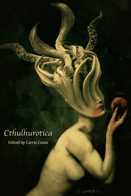 Cthulhu Empress holding a red fruit, green setting, the female creature has tentacles coming out of her face leaving her with no eyes