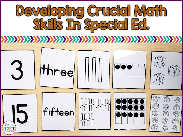 Special education students need to develop a strong understanding of numbers and how they relate to each other. This deep understanding will hep them learn life skills and be functional in their community. Here are some of the materials and activities we use in order to develop strong math skills in my special education classroom. These ideas are ideal for self-contained settings and students with autism.