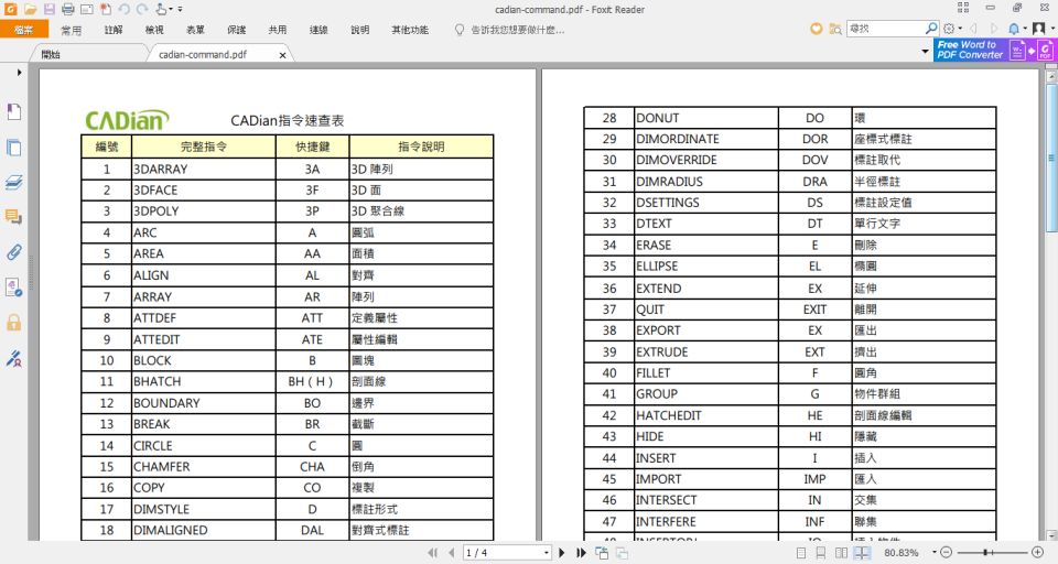 CADian常用指令速查表(同AutoCAD)