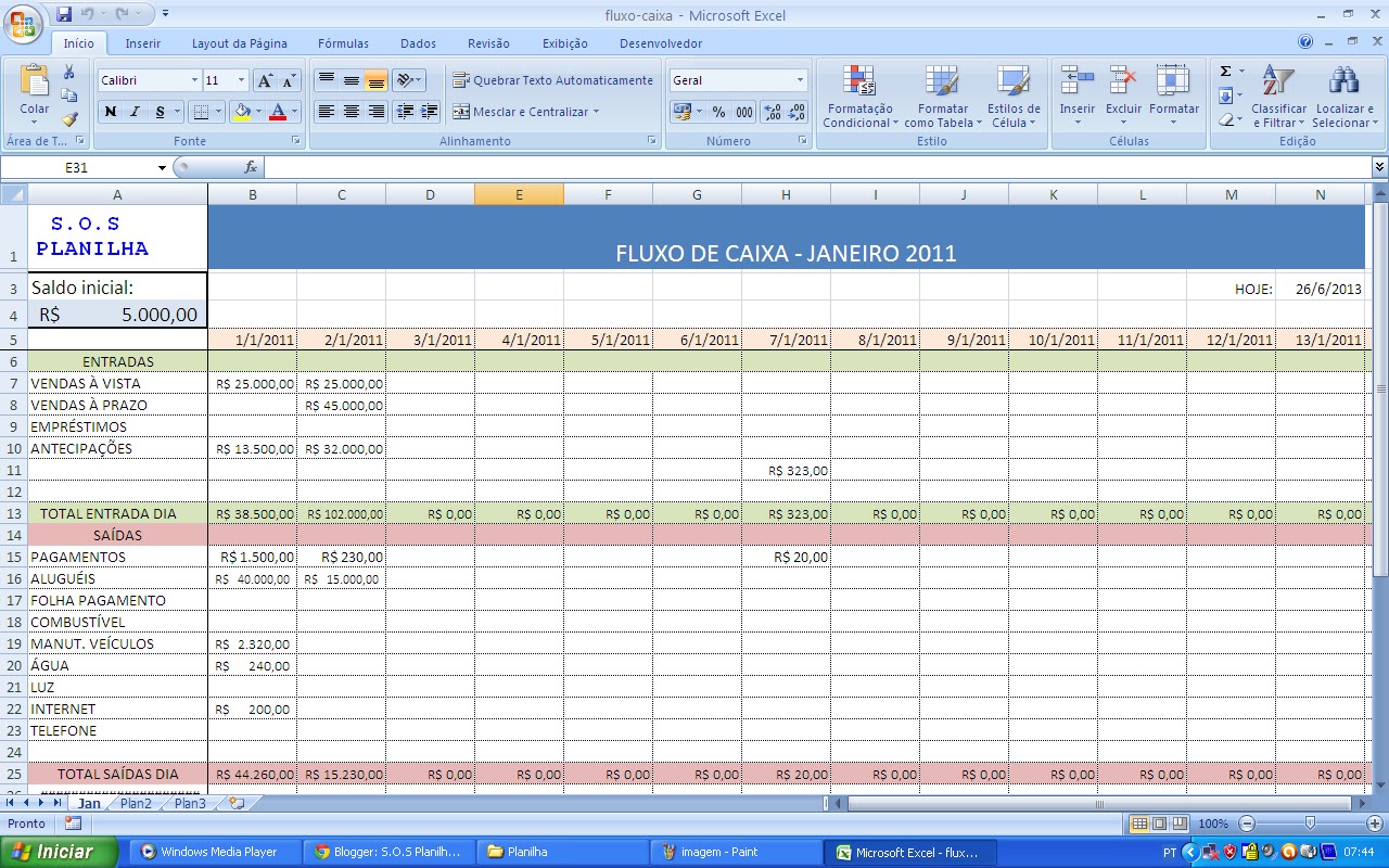S O S Planilha Planilha Fluxo De Caixa