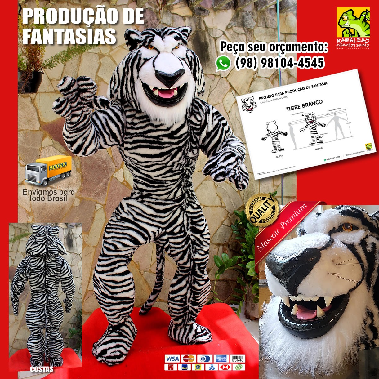 Mascote -  Fantasia de Tigre Branco Rajado