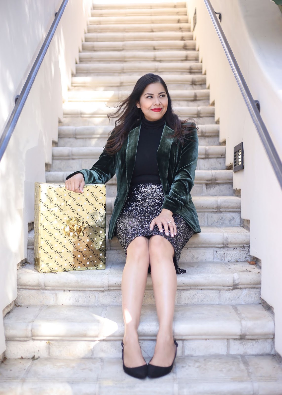  how to style a sequins skirt, how to wear red lipstick for the holidays
