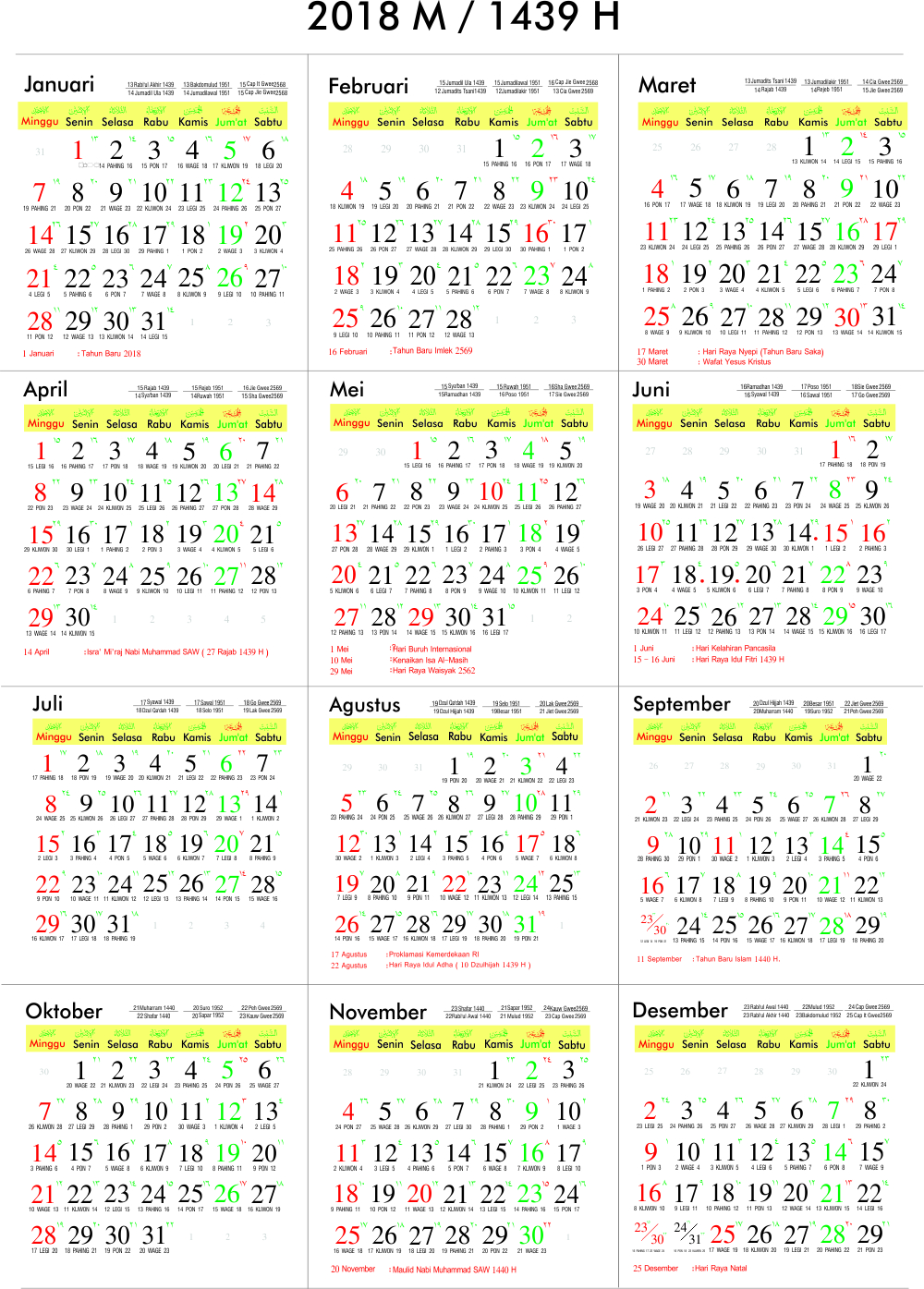 Kalender 2018 Masehi 1439 Hijriyah Indonesia Lengkap Download