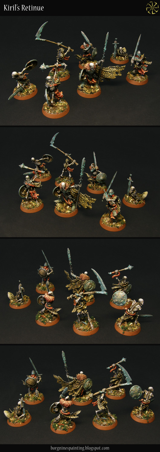 Members of the Sepulchral Guard shown together as the whole warband, painted with patinated armor and black clothes with yellow freehands.