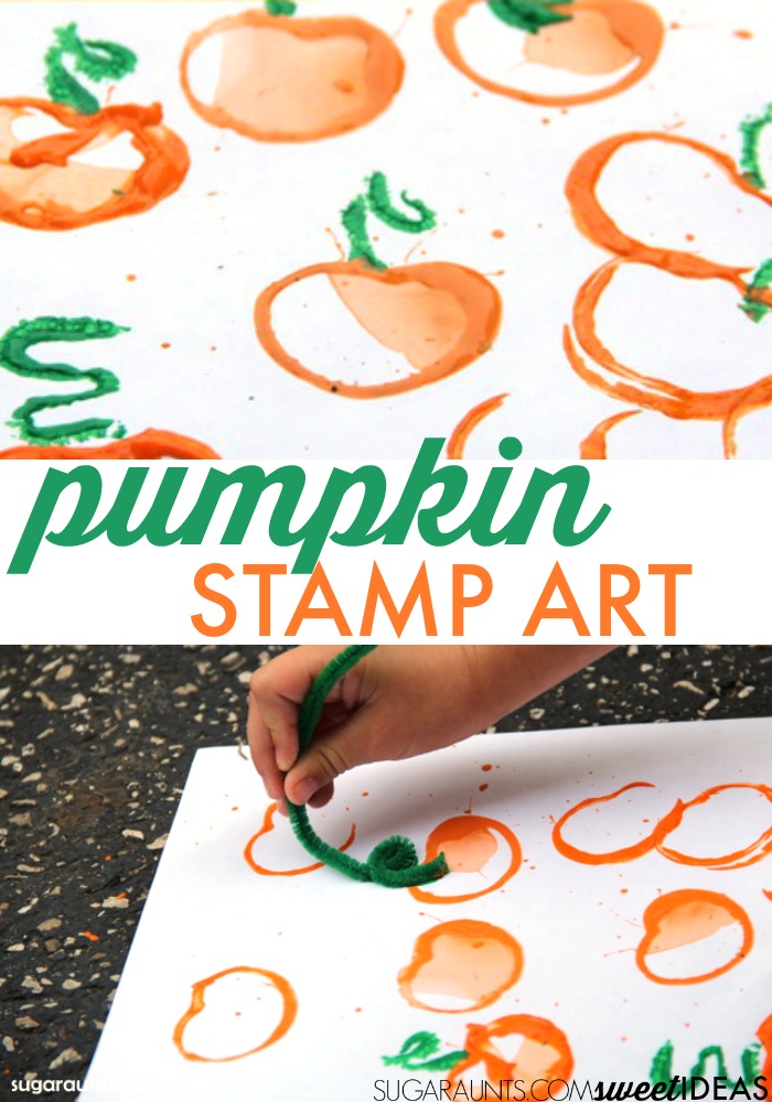 Pumpkin stamp art with toilet paper rolls to make halloween or fall themed art with kids.