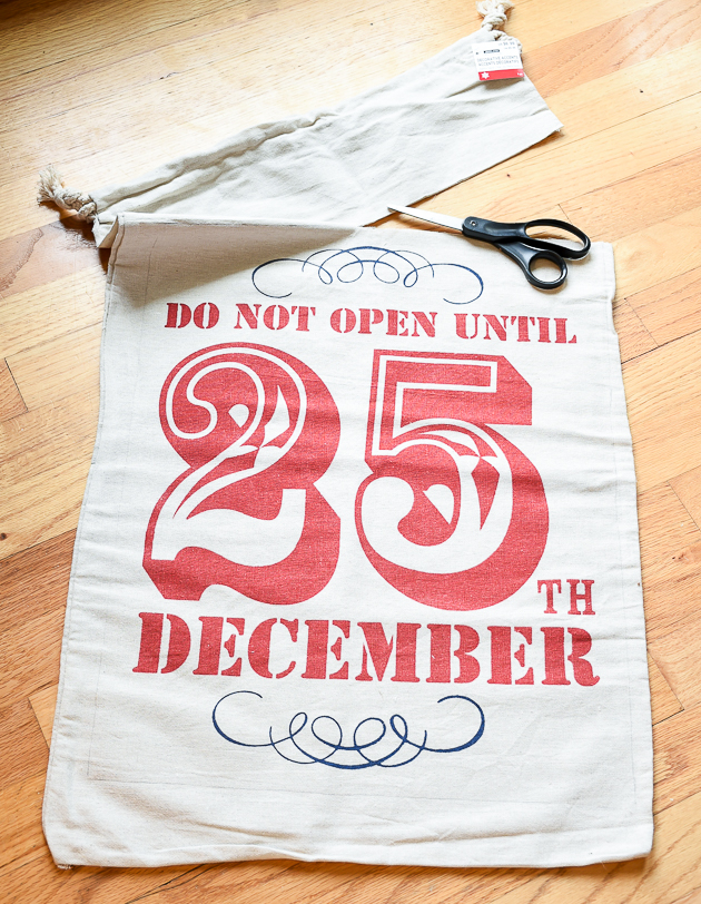 Cutting out burlap sack, holiday decorating, mudroom, Christmas