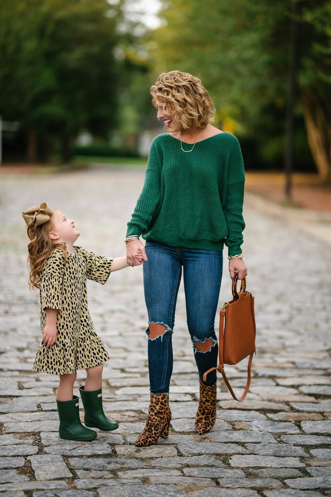 Mommy and me in leopard and green for fall - Something Delightful Blog
