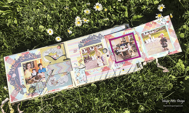 Colourful scrapbook album for children by Maria Lillepruun with Fabrika Decoru design paper "Bunny Birthday Party"