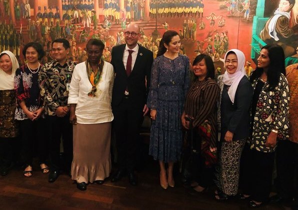 Crown Princess Mary wore Michael Michael Kors jacquard print maxi dress. UNFPA Executive Director Natalia Kanem visited the Indonesia