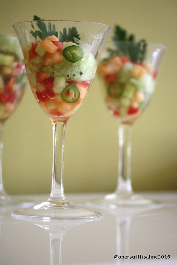 Vorspeise: Gurken-Champagner Sorbet mit Melonen Salsa