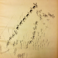 black and white pencil drawing on a paper. Nine reindeers are lined up from the left bottom corner of the paper to the right top corner of the page. Three reindeers in the back are smaller than the other ones and children are riding them. Eight reindeers are lined up from the top right corner of the page to the left bottom corner of the page, just below the other line of reindeers. Conifer trees are drawn in the bottom of the drawing. Human figures are drawn in front of each reindeer lines.