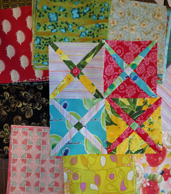 Fabric choices for Crossroads quilt blocks from Cultural Fusion Quilts