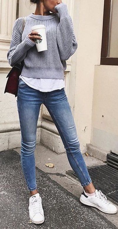 Fall fashion | Grey knitted sweater, jeans and Adidas sneakers ...