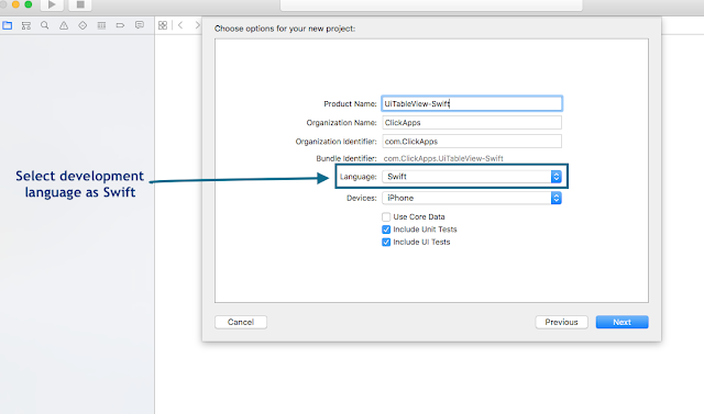 Select Development language as Swift language Select Development language as Swift language