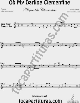 Oh My Darling Clementine Popular Sheet Music for Soprano and Tenor Sax Music Scores 