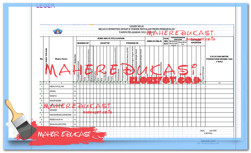 CONTOH FORMAT BUKU KUMPULAN NILAI SISWA / LEGER LENGKAP