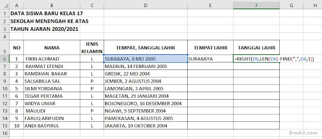 Rumus Excel Memisahkan Tempat Tanggal Lahir