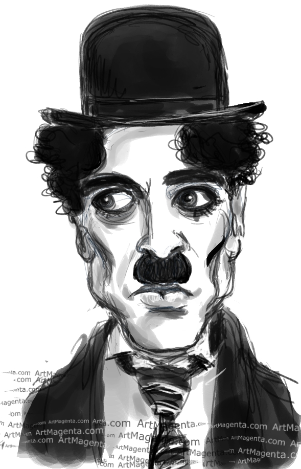 Charlie Chaplin caricature cartoon. Portrait drawing by caricaturist Artmagenta