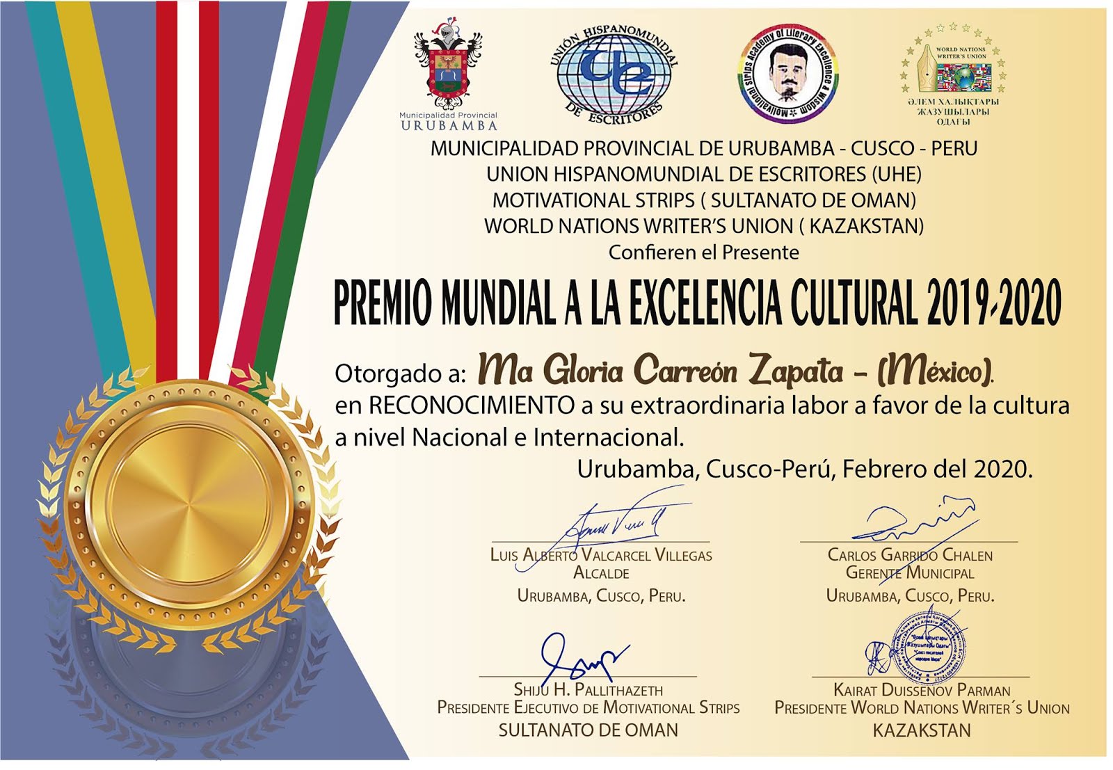 Premio Mundial a la Excelencia Cultural 2019 2020.