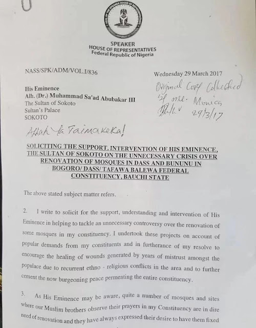 Dogara reports Bauchi Governor to Sultan, accuses him of blocking plans to renovate mosques (SEE LETTER) 