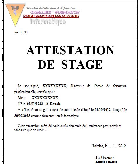 W Exemples De Modèles Dattestation De Stage Word Gratuit Et