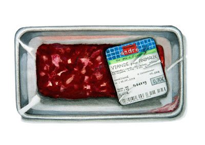 Dessin de l'artiste 1011 de la série "Pouvoir d'achat" barquette avec l'étiquette "viande pour animaux"
