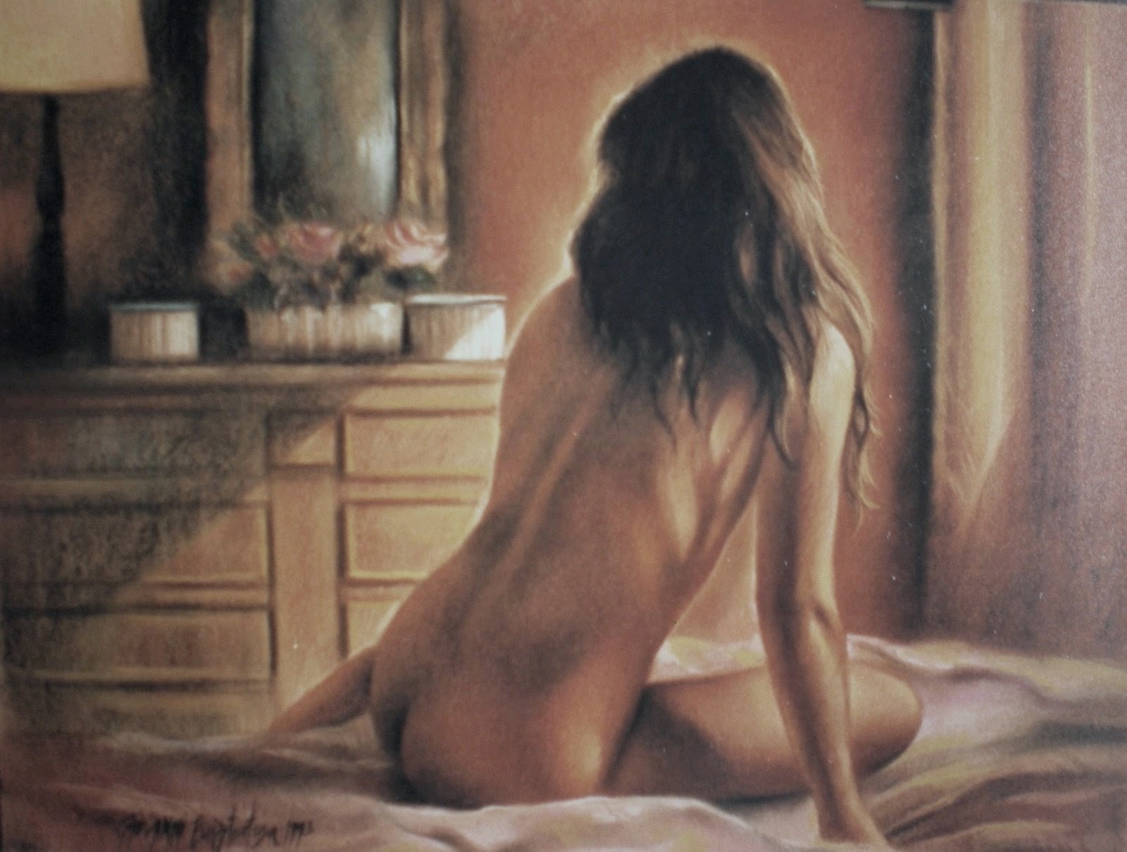 G Ruiz Tortosa Pintura Pastel Figura Contraluz Naked Fleurs Femme
