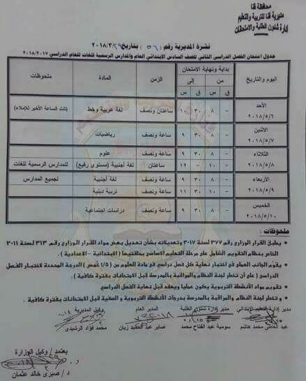 جدول مواعيد امتحانات اخر العام 2018 محافظة قنا