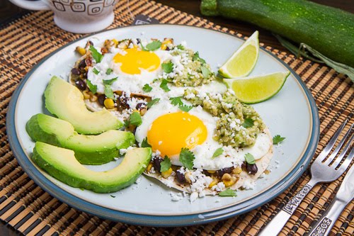 Caramelized Corn and Black Bean Huevos Rancheros with Roast Zucchini Salsa Caramelized Corn and Black Bean Huevos Rancheros with Roast Zucchini Salsa