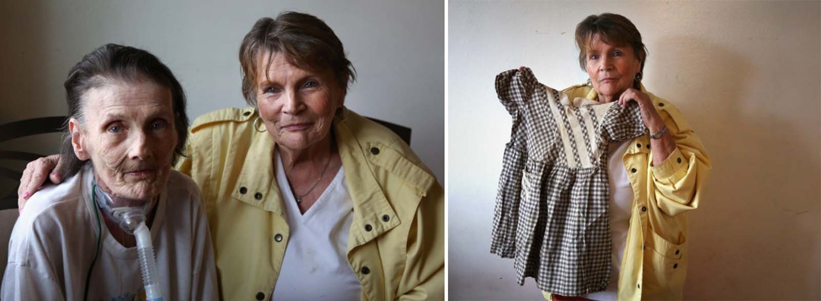 (Left) Sue Ellen and her sister RaeAnn Mills reunited at Chalufoux's home in Hammond. (Right) RaeAnn Mills holds the dress she was sold in as a child. It is the only physical item she has from the time with her birth mother. Photos taken in 2013.