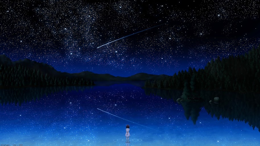 Anime, Night, Sky, Stars, Lake, Landscape, Scenery, 4K, #141 Wallpaper