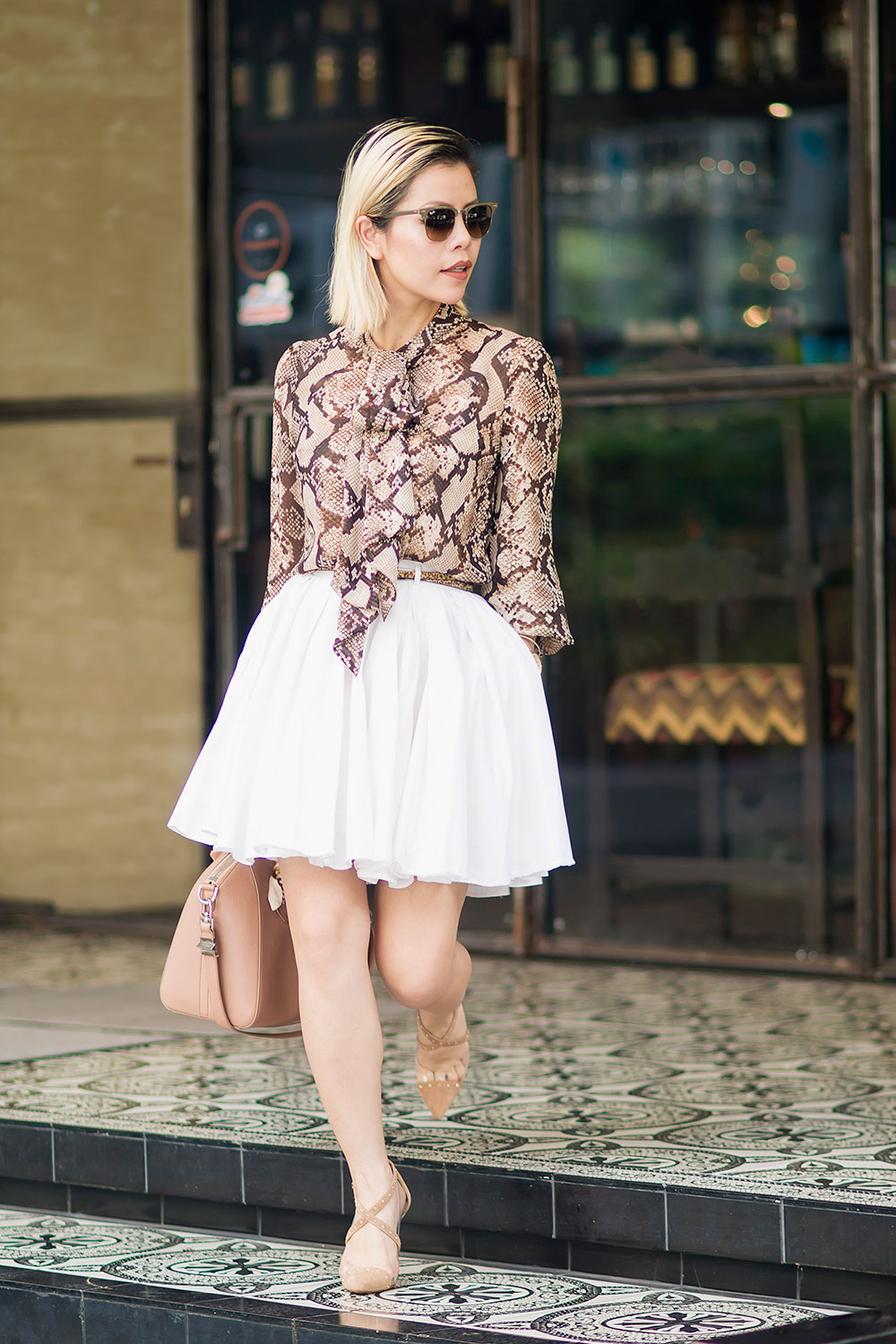 Crystal Phuong- Fashion Blogger- Raye the label shoes, white skirt & snake skin blouse