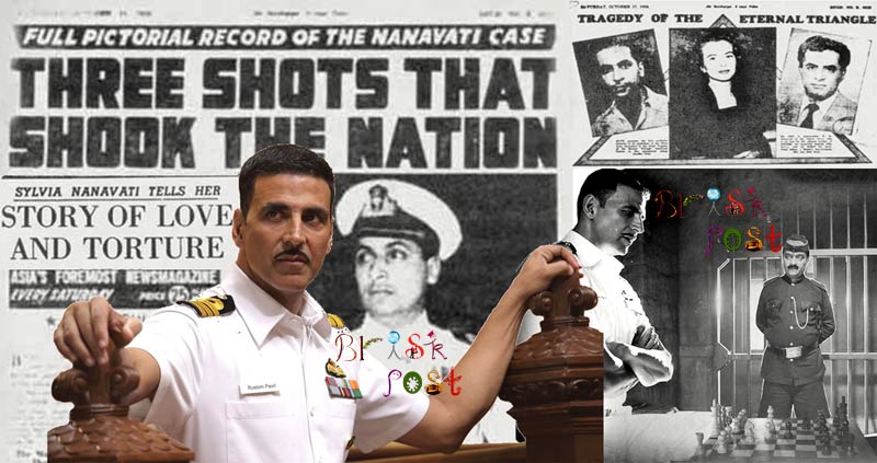 Akshay Kumar as Rustom, playing K.M. Nanavati Rustom Akshay Kumar with Navy Uniform in courtroom with original real Nanavati case images in old newspaper
