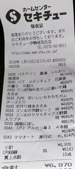セキチュー 伊勢崎茂呂店 2019/1/13購入レシート