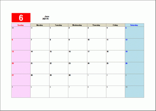 書式テンプレート 2021年6月カレンダー