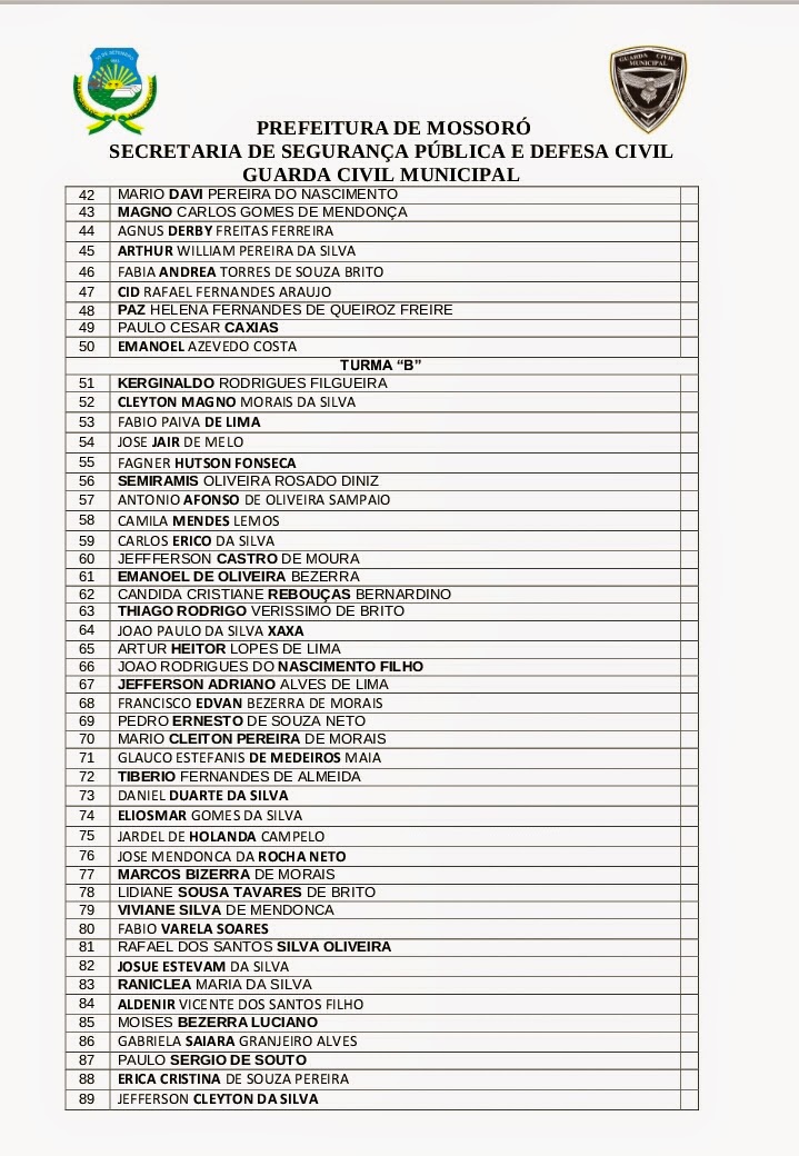 Lista com os nomes dos Guardas Alunos das turmas A e B (nome de guerra em negrito) Guarda Lista com os nomes dos Guardas Alunos das turmas A e B (nome de guerra em negrito) Guarda