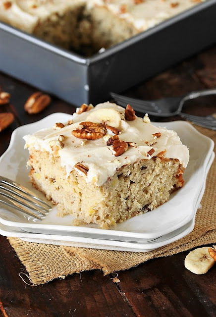 Hummingbird Sheet Cake with Caramel Cream Cheese Frosting image ~ All the hummingbird deliciousness of the classic layer cake, in low-fuss sheet cake form.