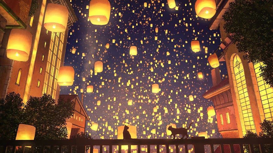 Anime, Sky Lantern, Cat, Night, Scenery, 4K, #4.2452