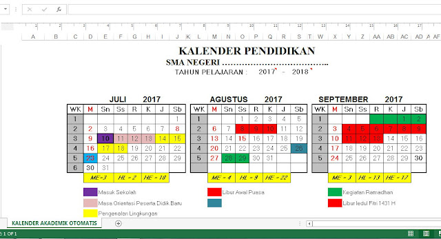 Download Kalender Pendidikan 2017/2018 Otomatis Dilengkapi Hari Efektif dan Non Efektif