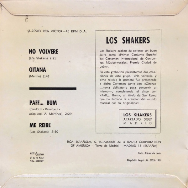 Spanish Garage & PopRock Los Shakers EP RCA Víctor 320983 (1966)