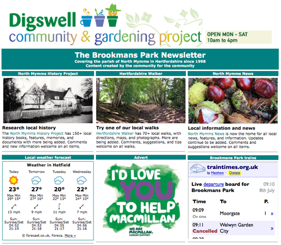 Screen grab of the front page of the new-look Brookmans Park Newsletter