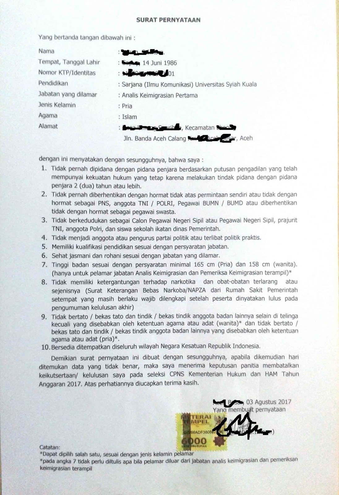 Contoh Surat Pernyataan CPNS Kemenkumham Terbaru - List Kerja