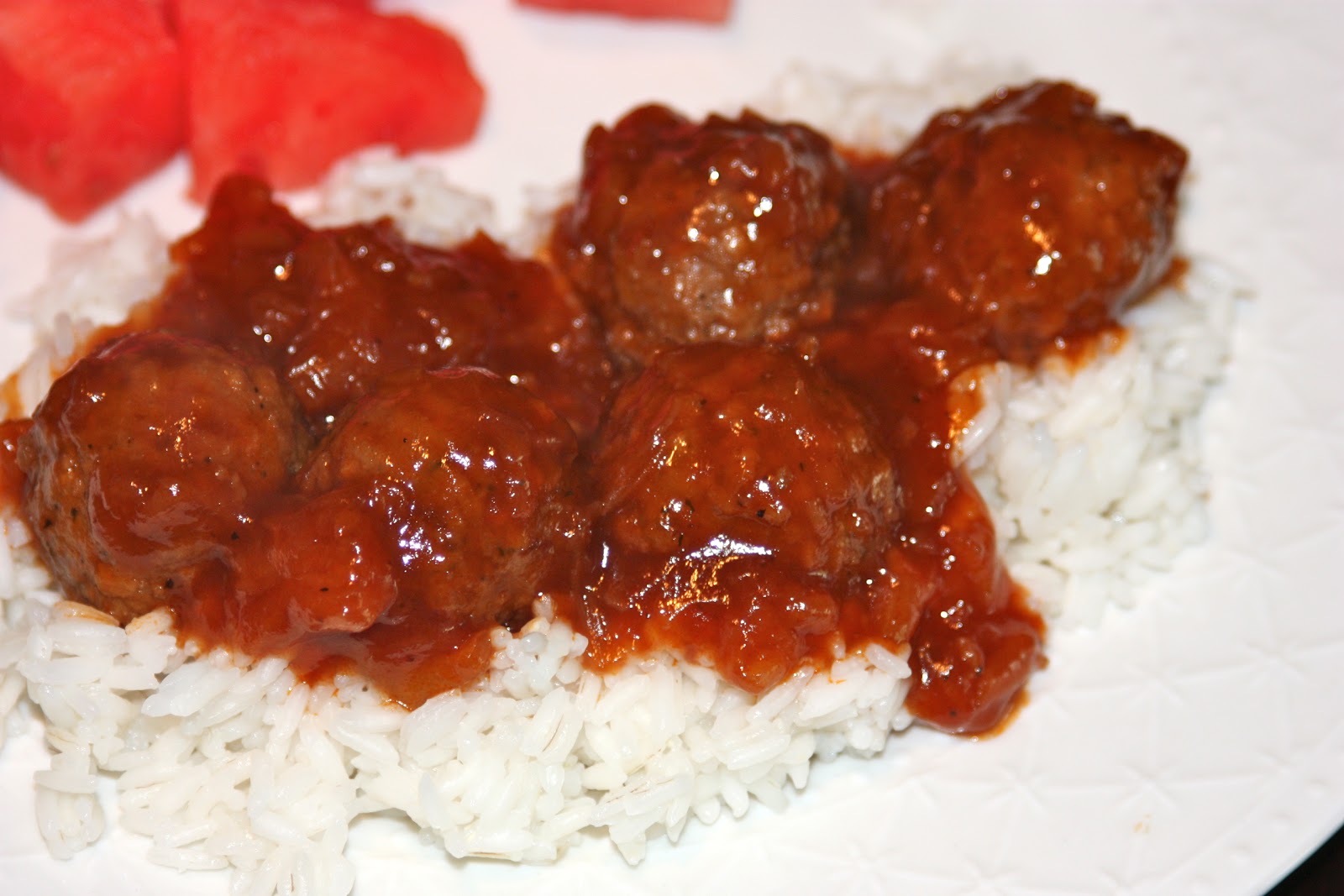 My Recipe Box Pineapple Glazed BBQ Meatballs over Rice