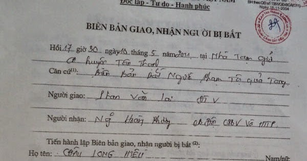 Biên bản giao nhận người bị bắt mới nhất