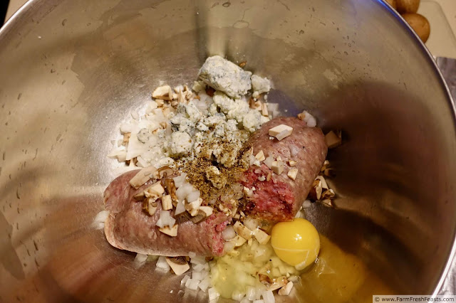 photo of mixing bowl filled with ingredients for bacon blue cheese mushroom meatloaf ready to be mixed