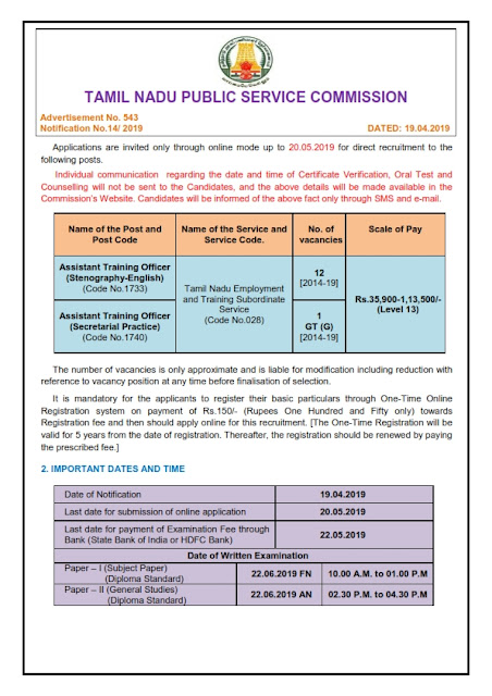 Assistant Training Officer Post in TNPSC